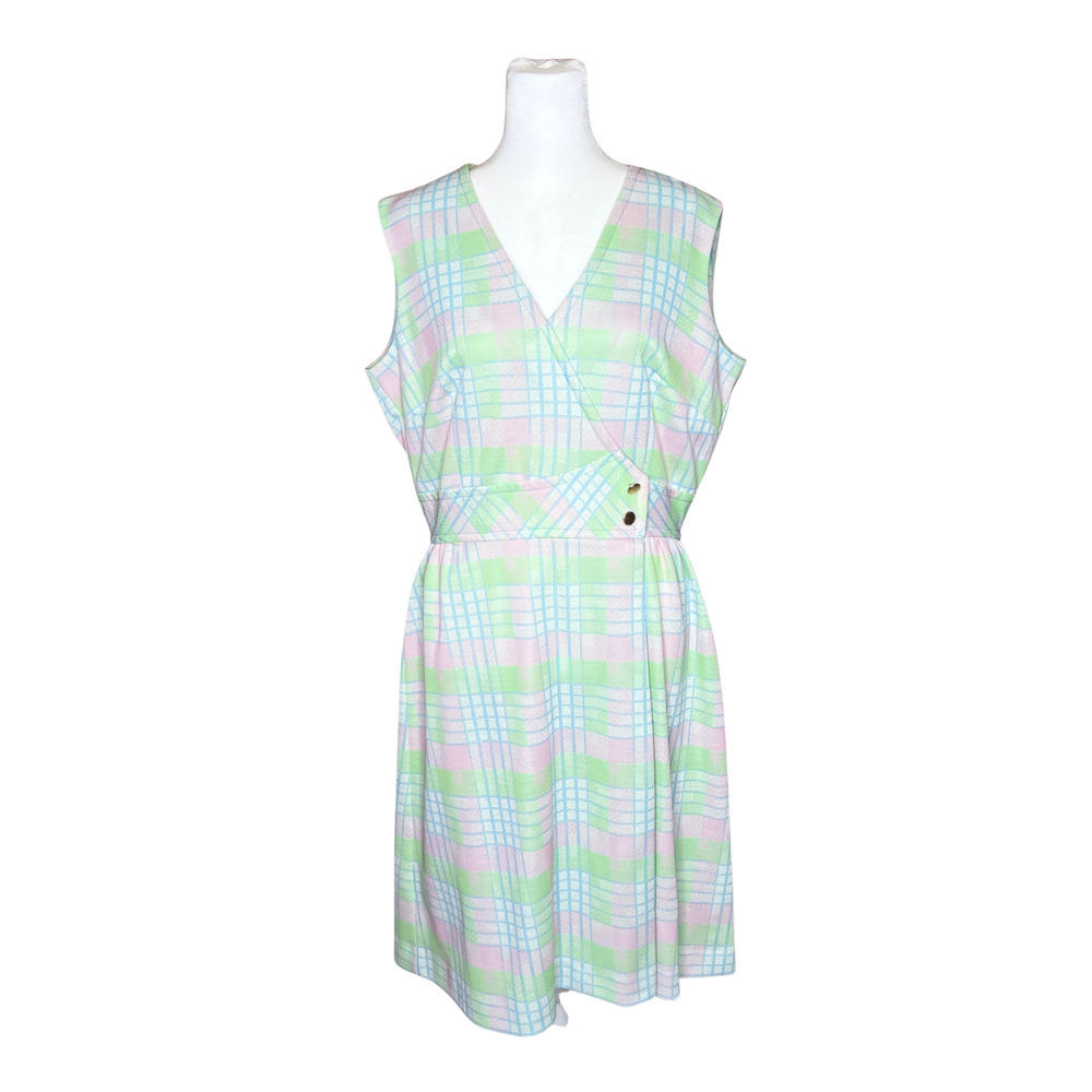 Vtg 70s Kay Windsor Dress Pastel Plaid Faux Wrap Mod Preppy Whimsical Candycore